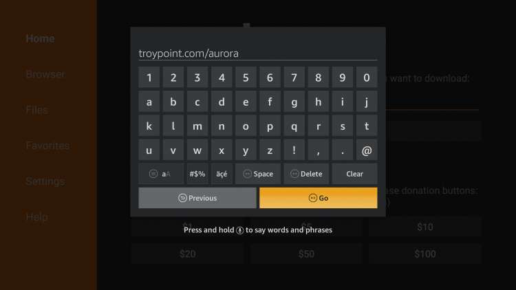 Un clavier à l'écran apparaîtra. Tapez "troypoint.com/aurora" et cliquez sur Aller. 